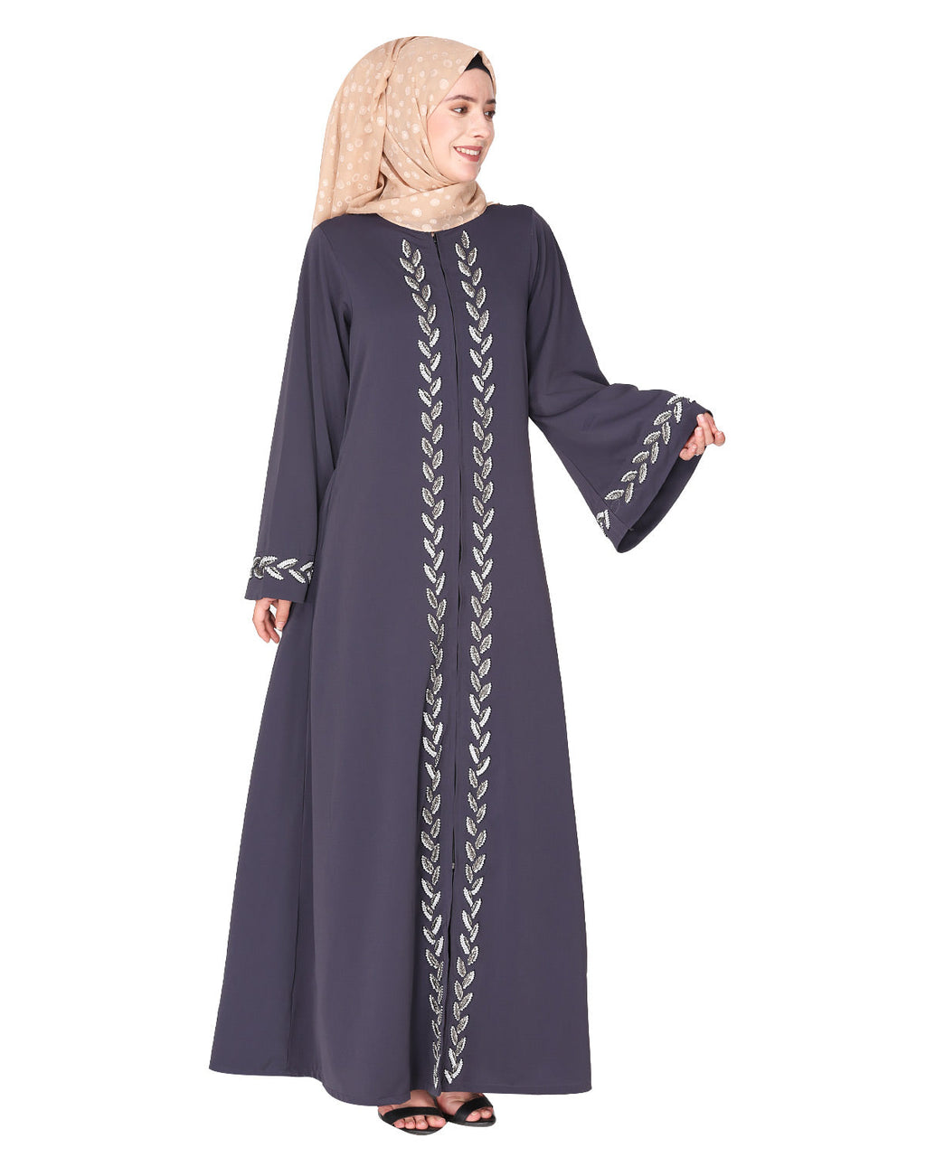 Extraordinary Pearl Drop leaves abaya Dark Grey