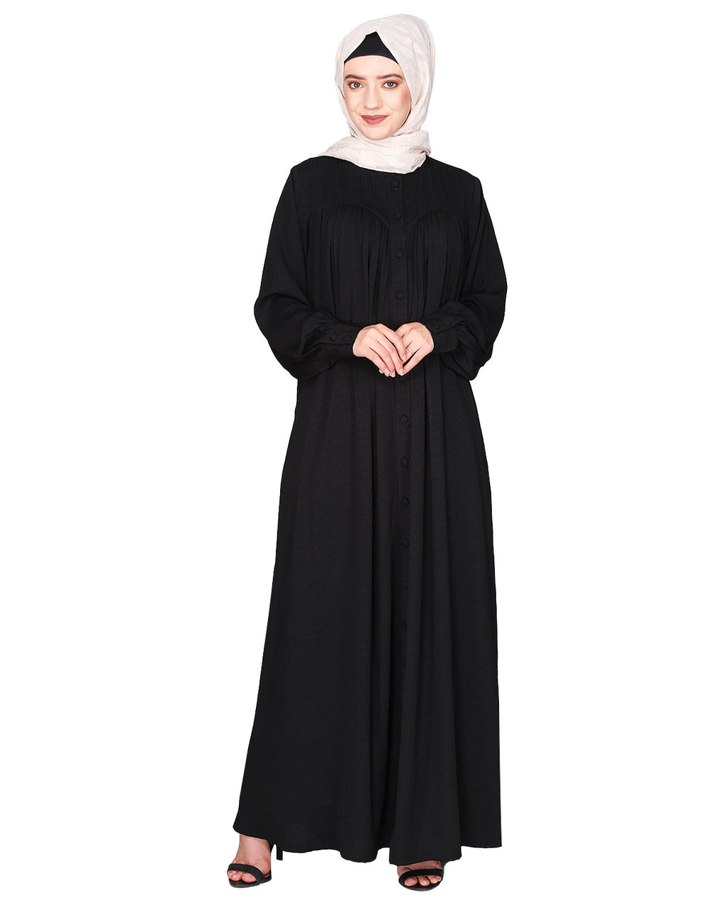 Distinguished Gathers Front Open black abaya Black