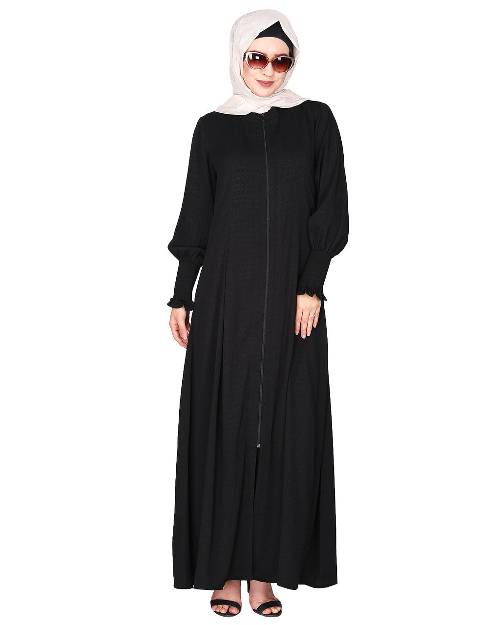Black Seersucker Nida Abaya with Elastic Sleeves Black