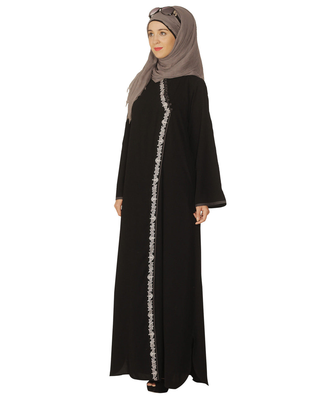 Black Abaya with Grey Thread Embroidery Black