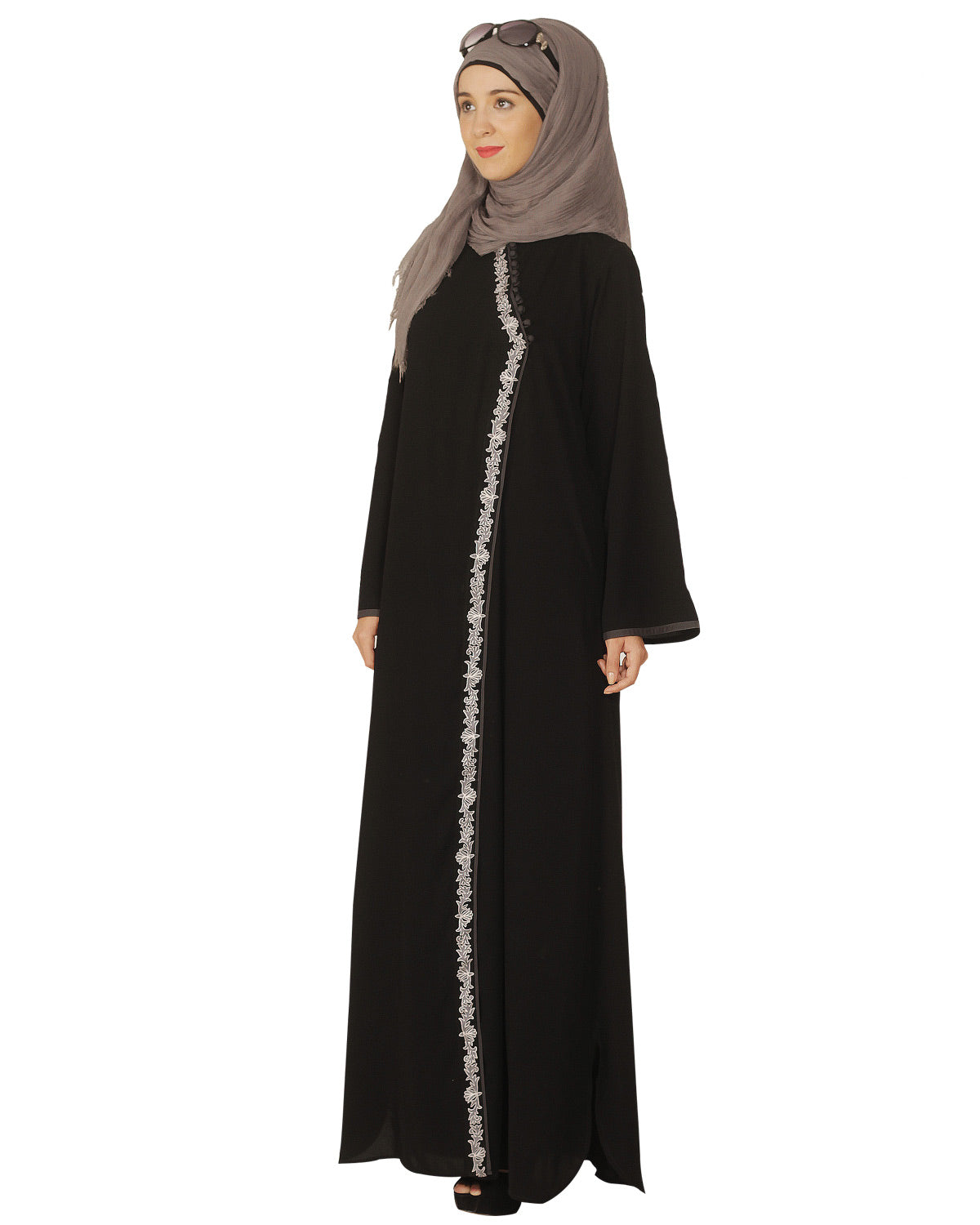 Black Abaya with Grey Thread Embroidery Black