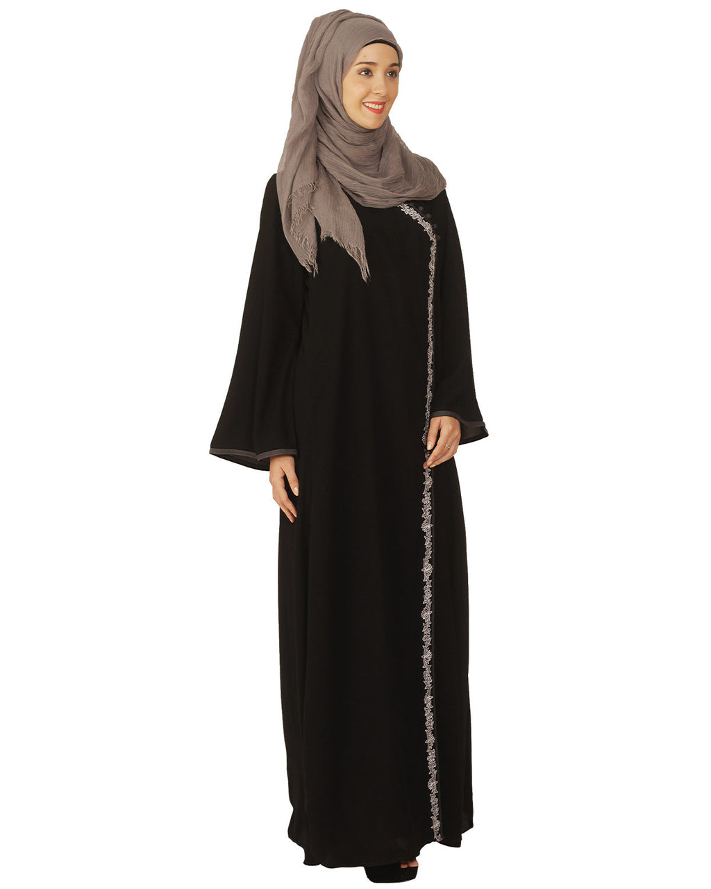 Black Abaya with Grey Thread Embroidery Black
