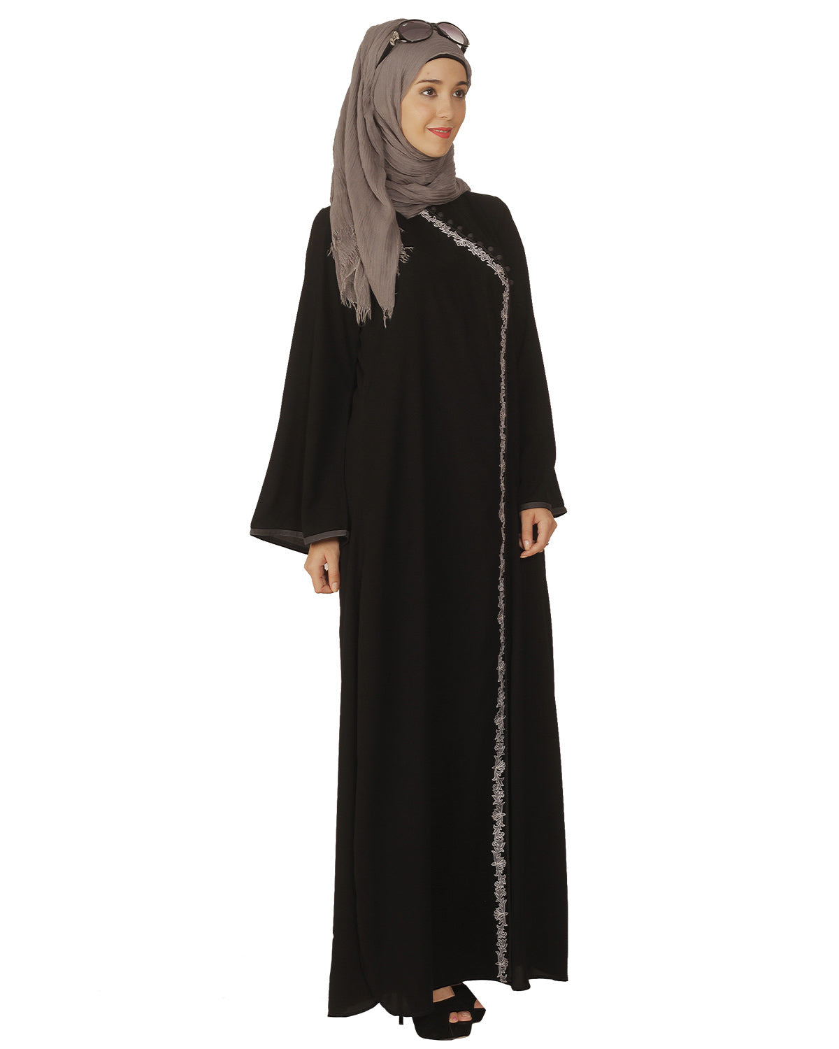 Black Abaya with Grey Thread Embroidery Black
