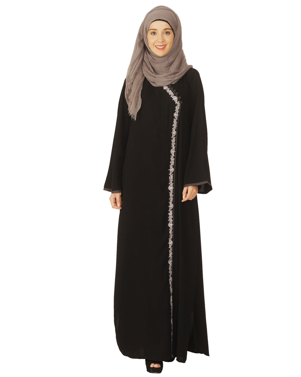 Black Abaya with Grey Thread Embroidery Black