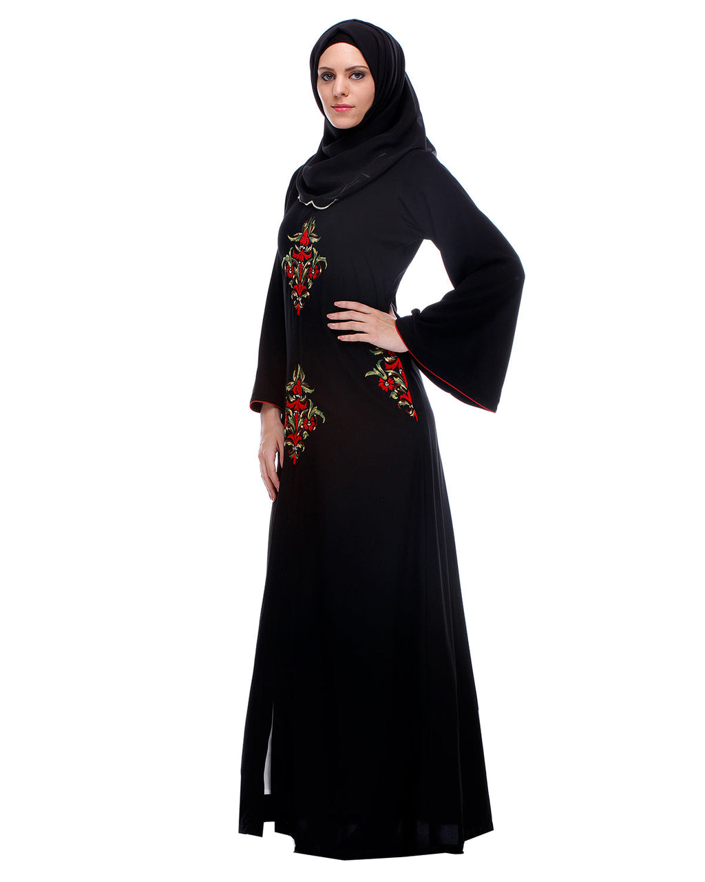 Black Abaya With Multi Coloured Thread Embroidery Black