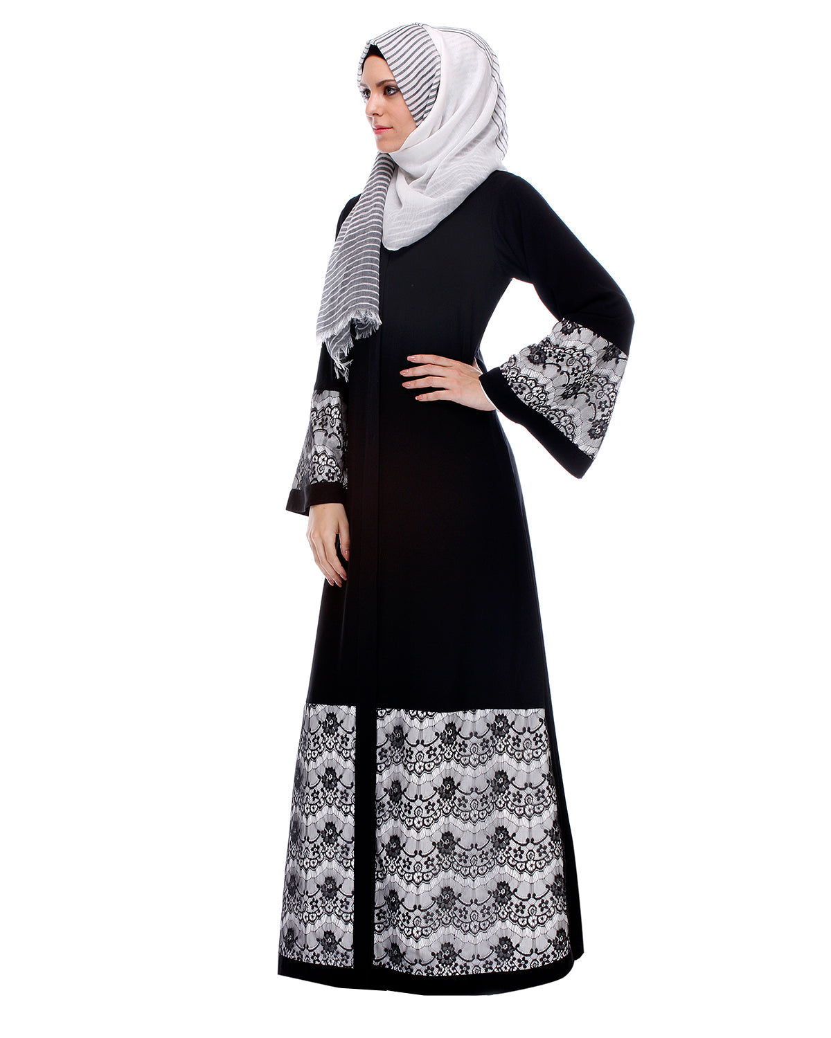 Black Abaya With Double Layer Laced Detailing