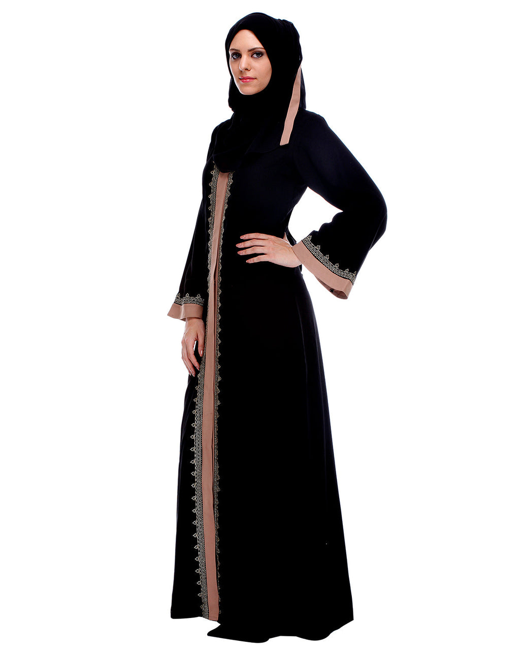Black And Fawn Abaya With Gold Zari Embroidery