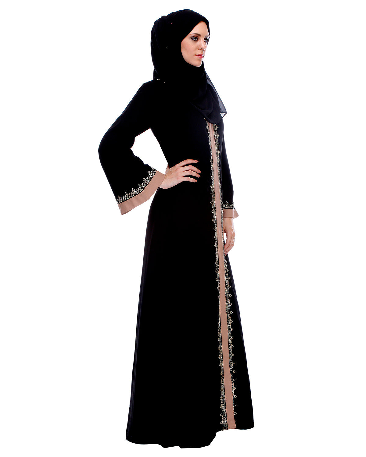 Black And Fawn Abaya With Gold Zari Embroidery
