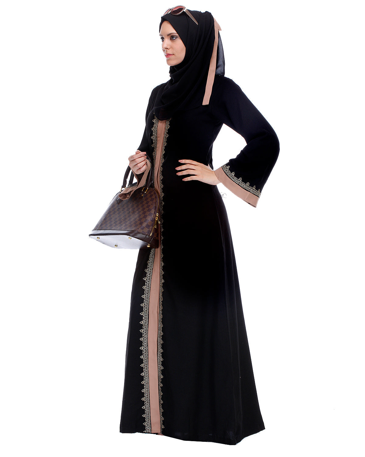 Black And Fawn Abaya With Gold Zari Embroidery