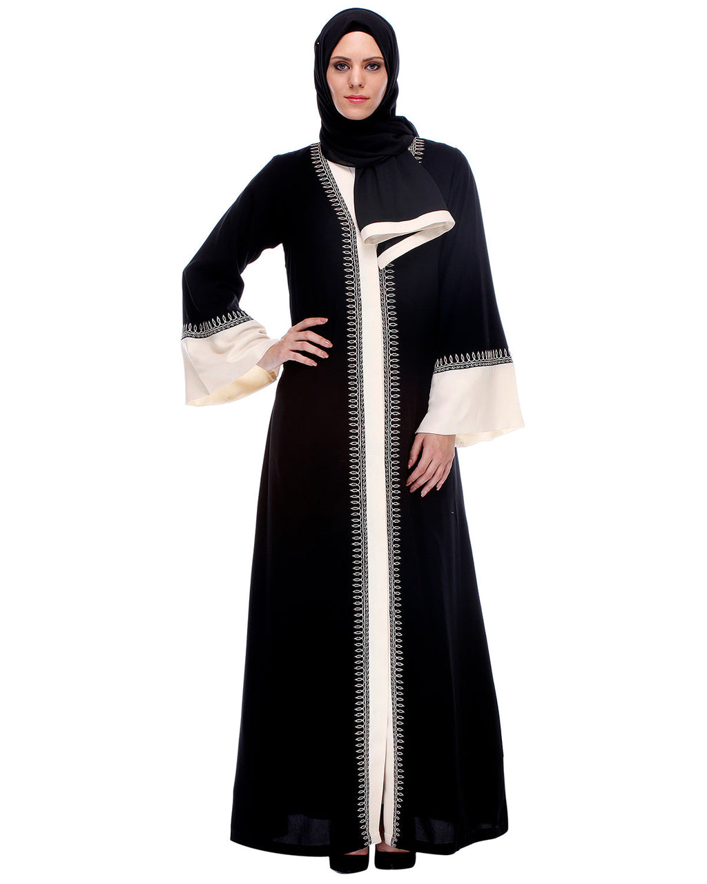 Black And Cream Abaya With Thread Embroidery Black