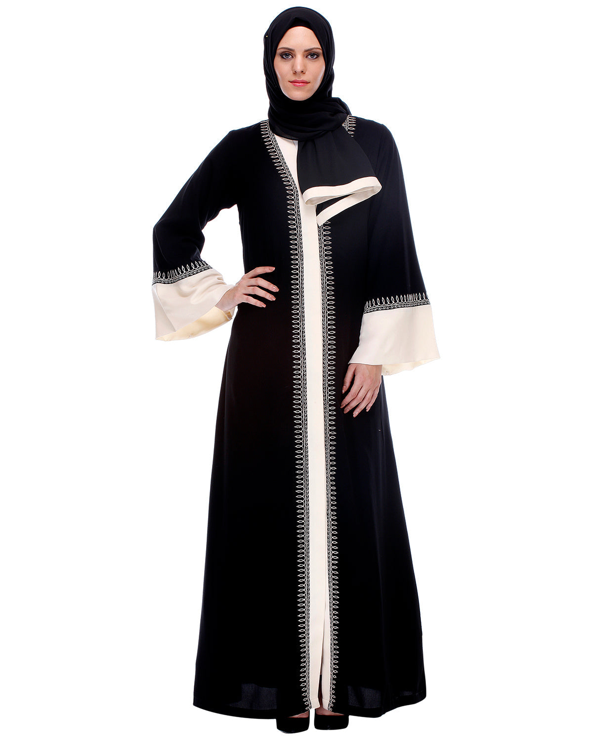 Black And Cream Abaya With Thread Embroidery Black