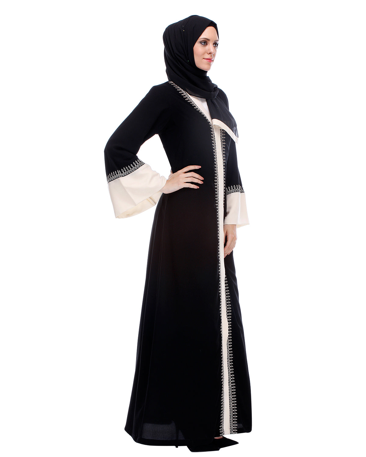 Black And Cream Abaya With Thread Embroidery Black