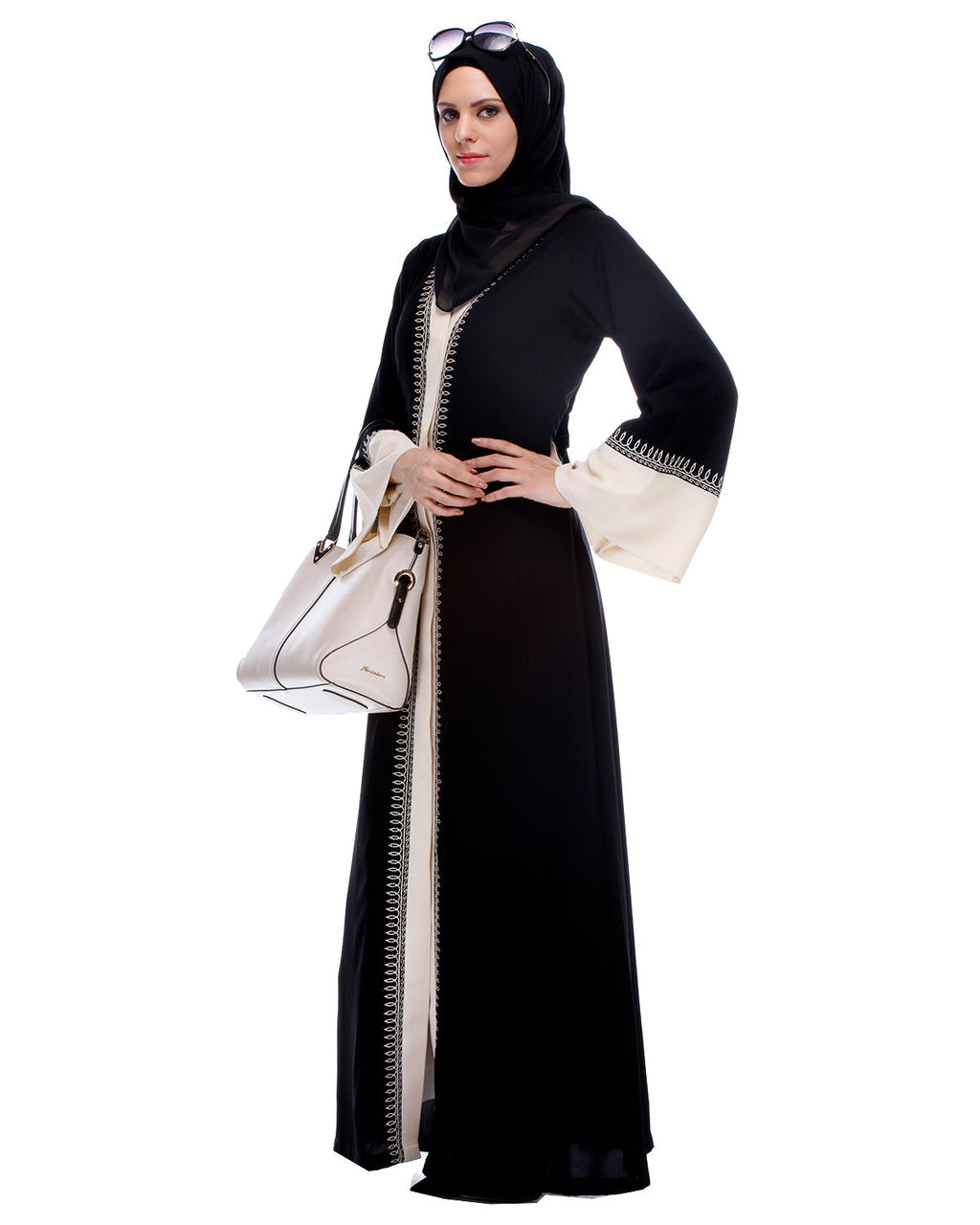 Black And Cream Abaya With Thread Embroidery Black