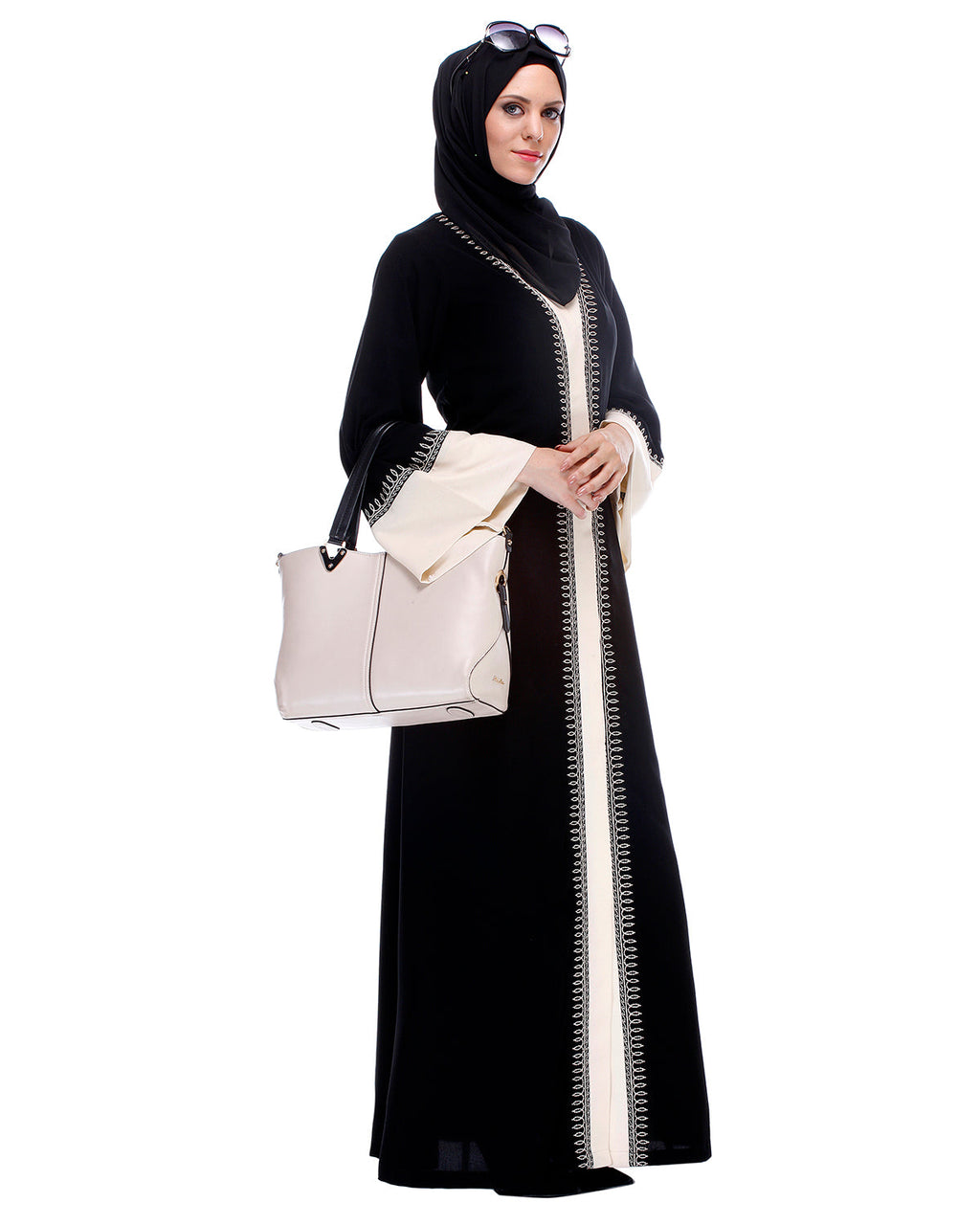 Black And Cream Abaya With Thread Embroidery Black