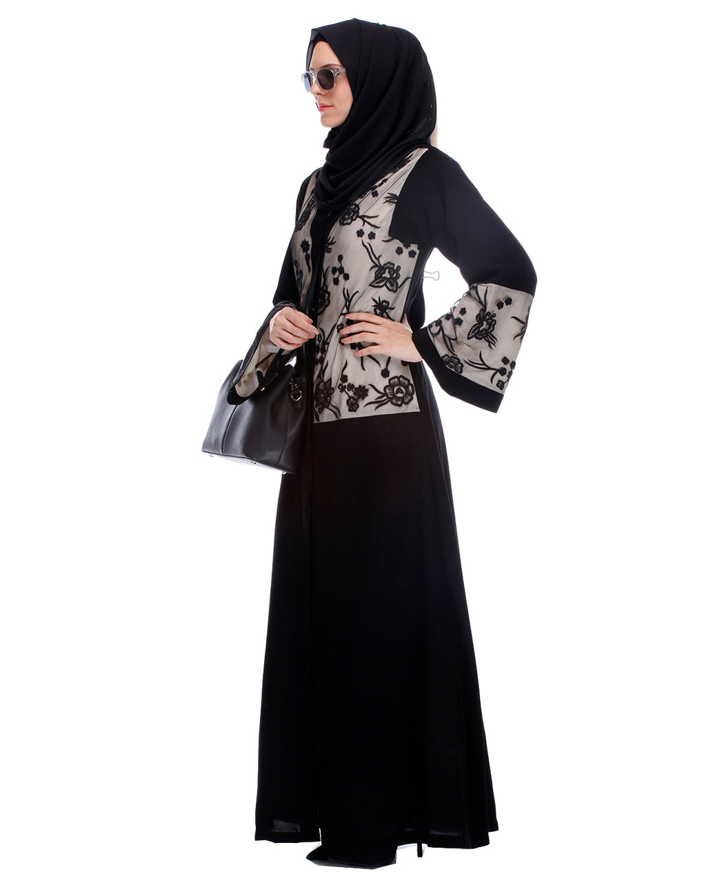 Black Abaya With Net Embroidered Sleeves Black