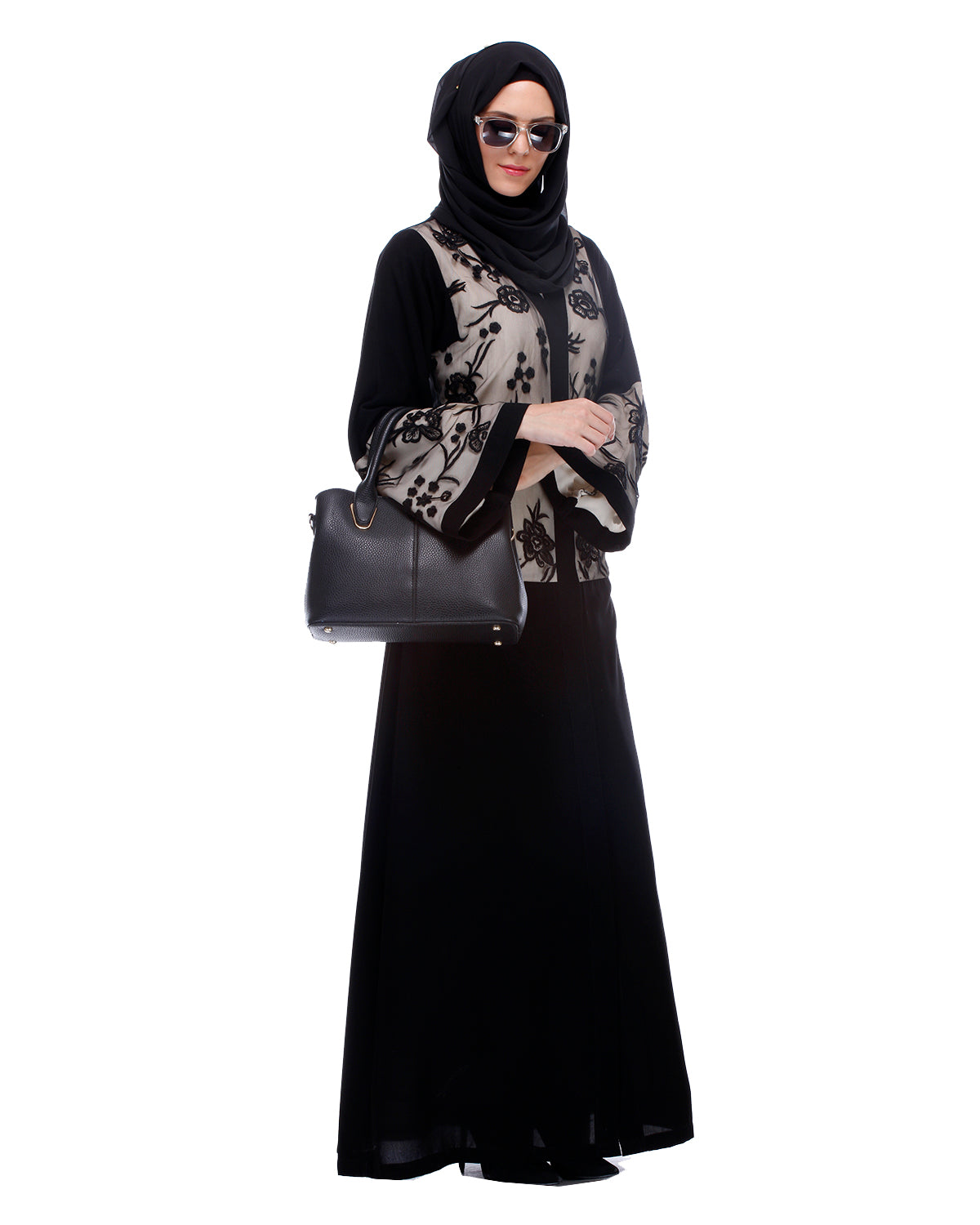 Black Abaya With Net Embroidered Sleeves Black