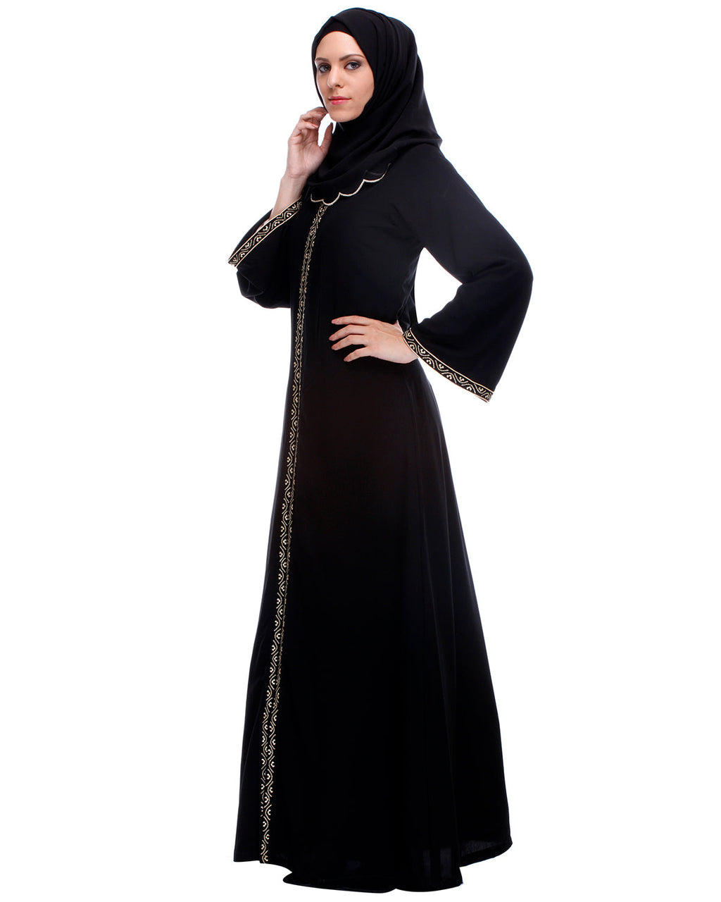 Classic Black Abaya With Golden Zari Embroidery Black