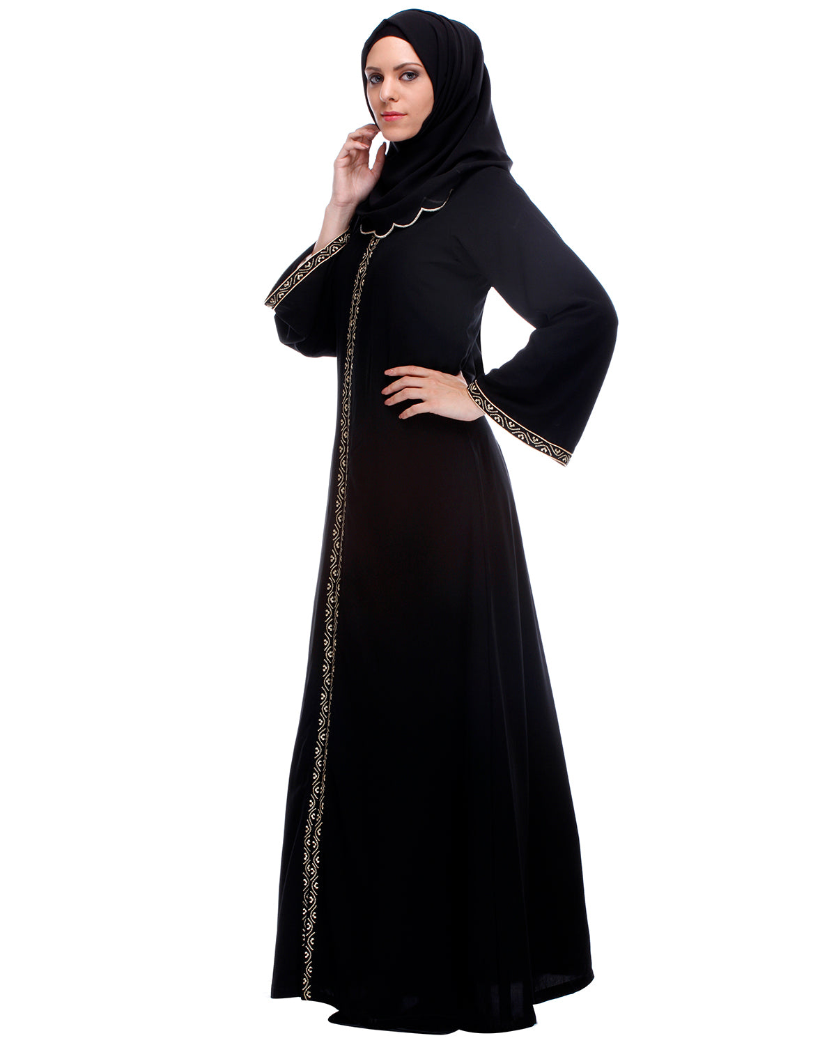 Classic Black Abaya With Golden Zari Embroidery Black