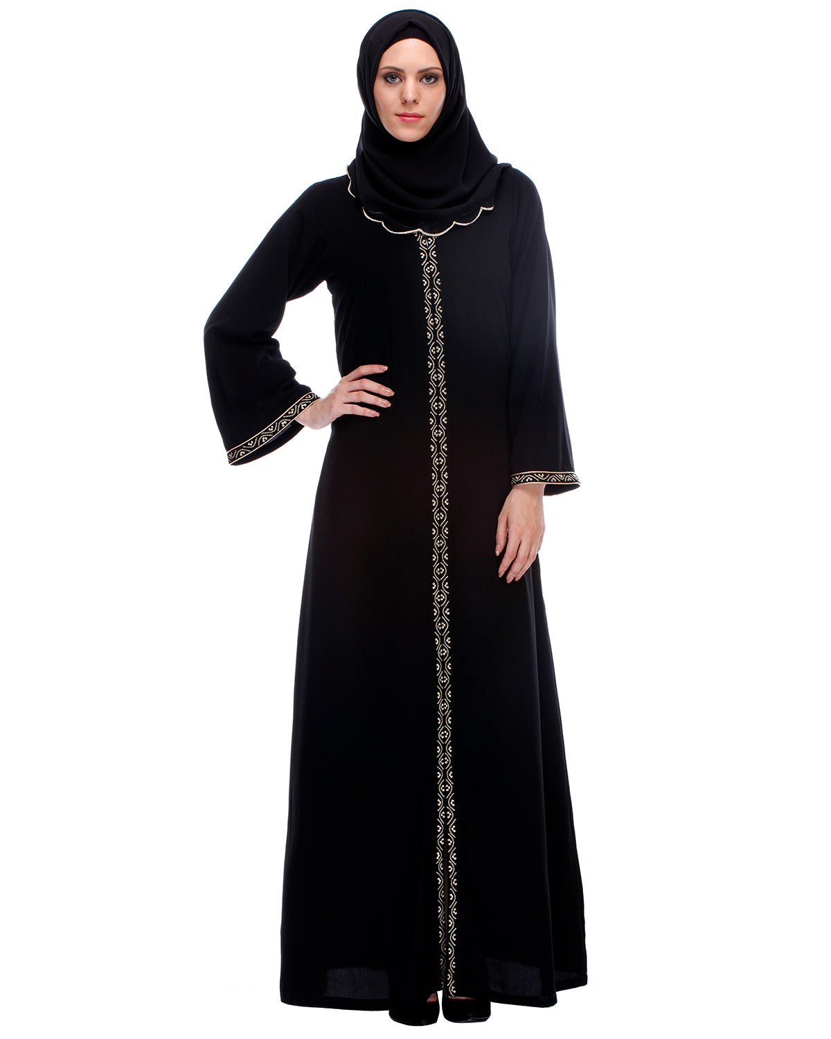 Classic Black Abaya With Golden Zari Embroidery Black