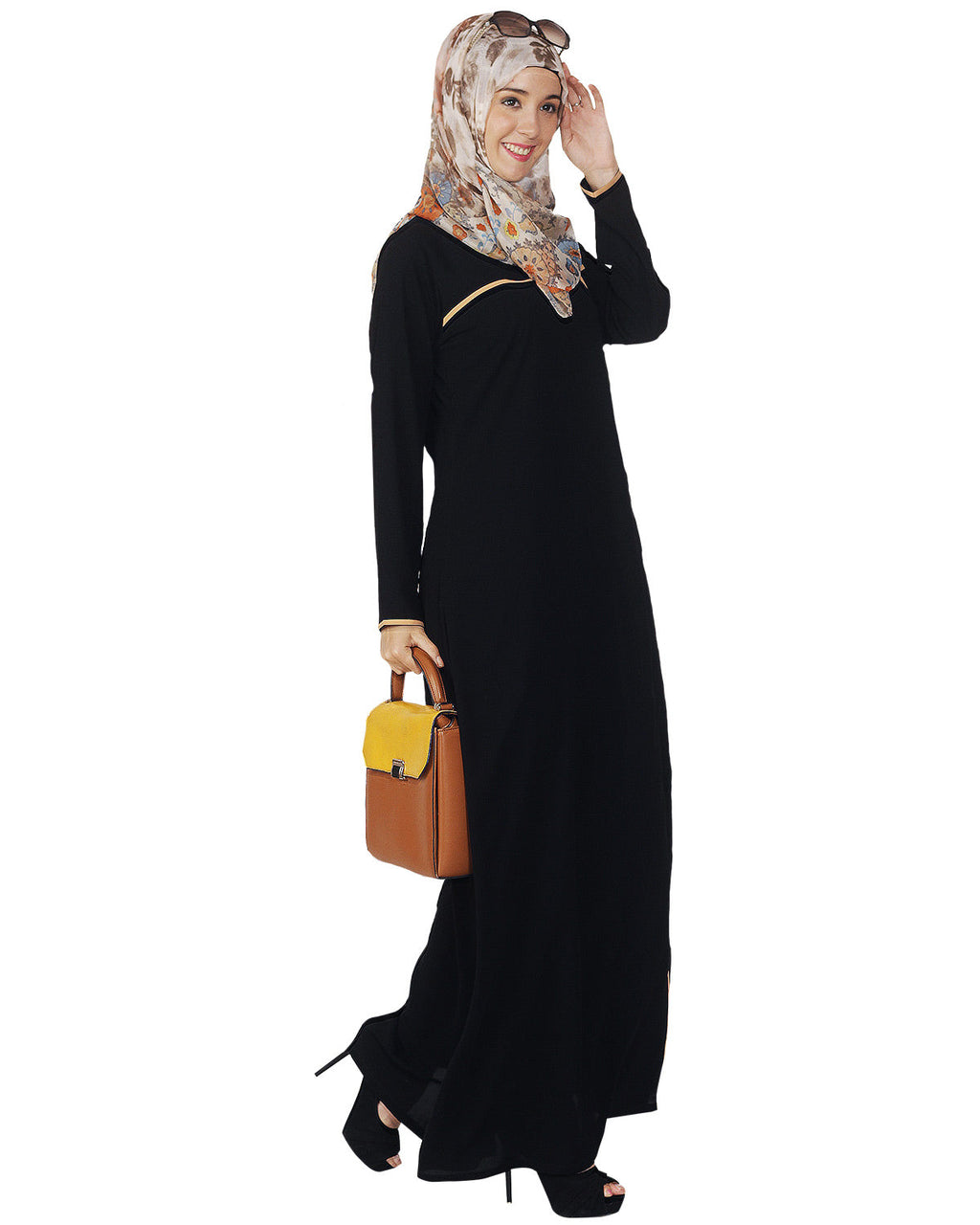 Classic Black Abaya with Beige Detailing Black