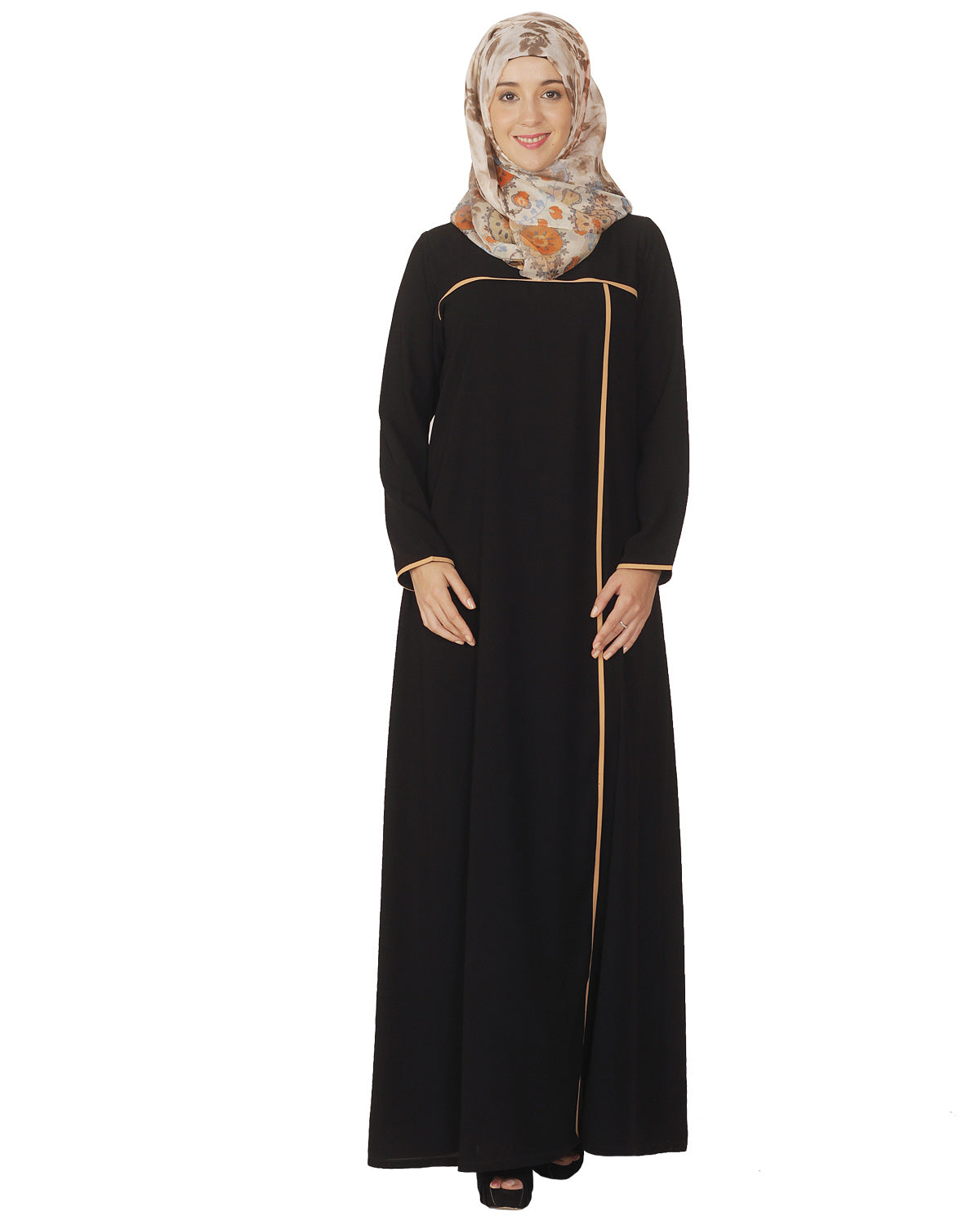 Classic Black Abaya with Beige Detailing Black