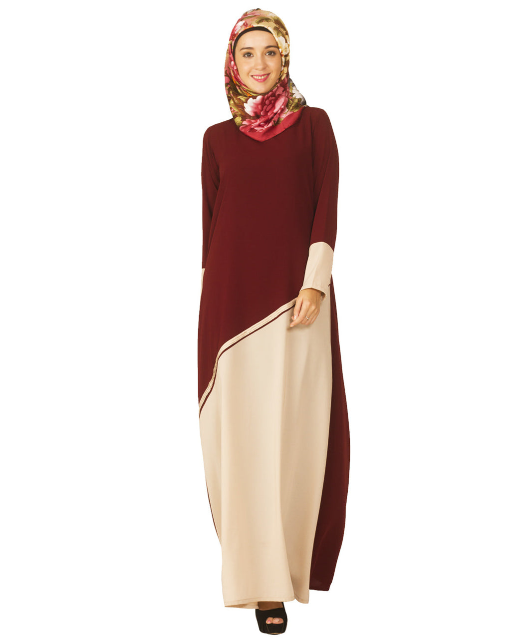 Maroon and Beige Pintuck Abaya Maroon & Beige