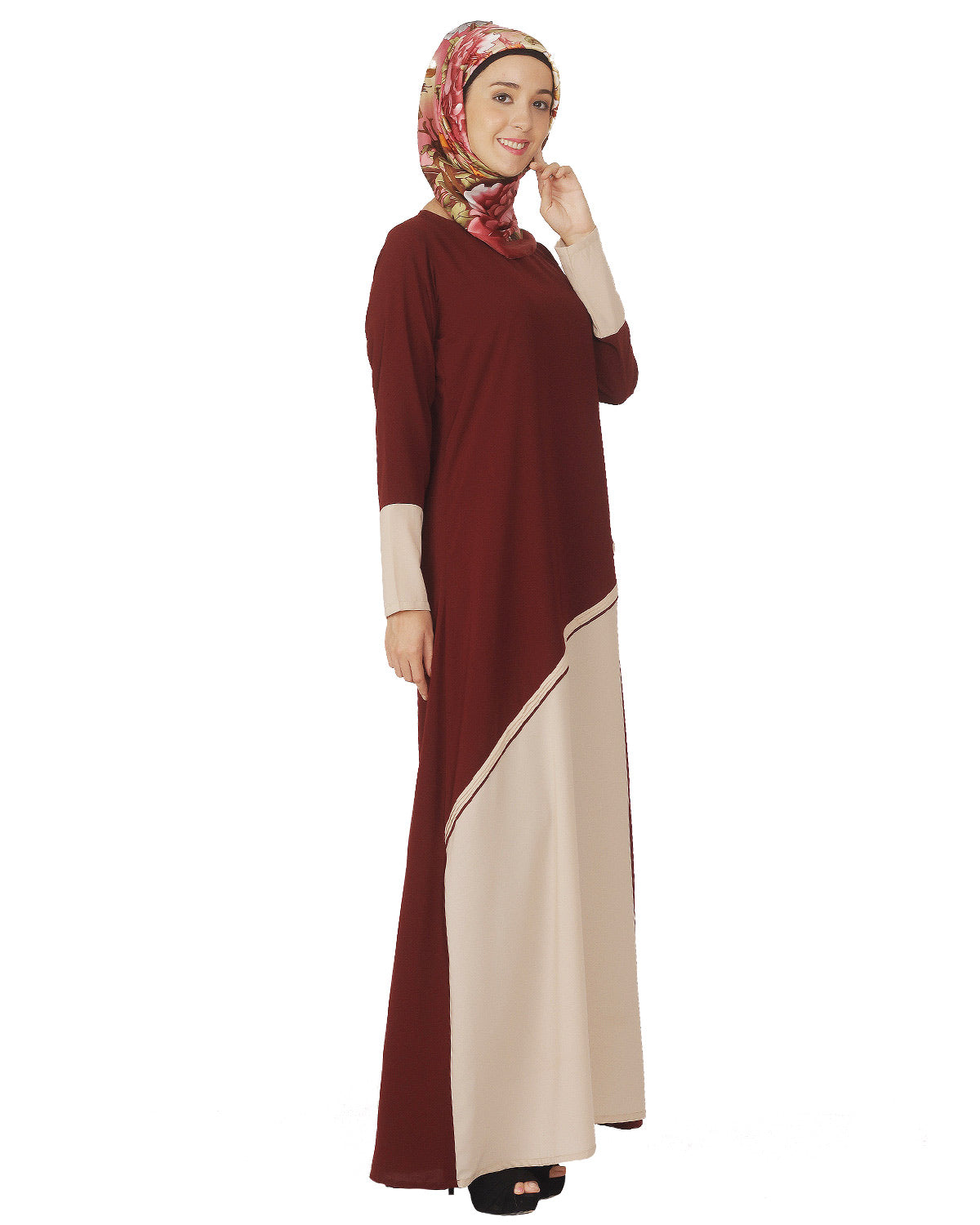 Maroon and Beige Pintuck Abaya Maroon & Beige