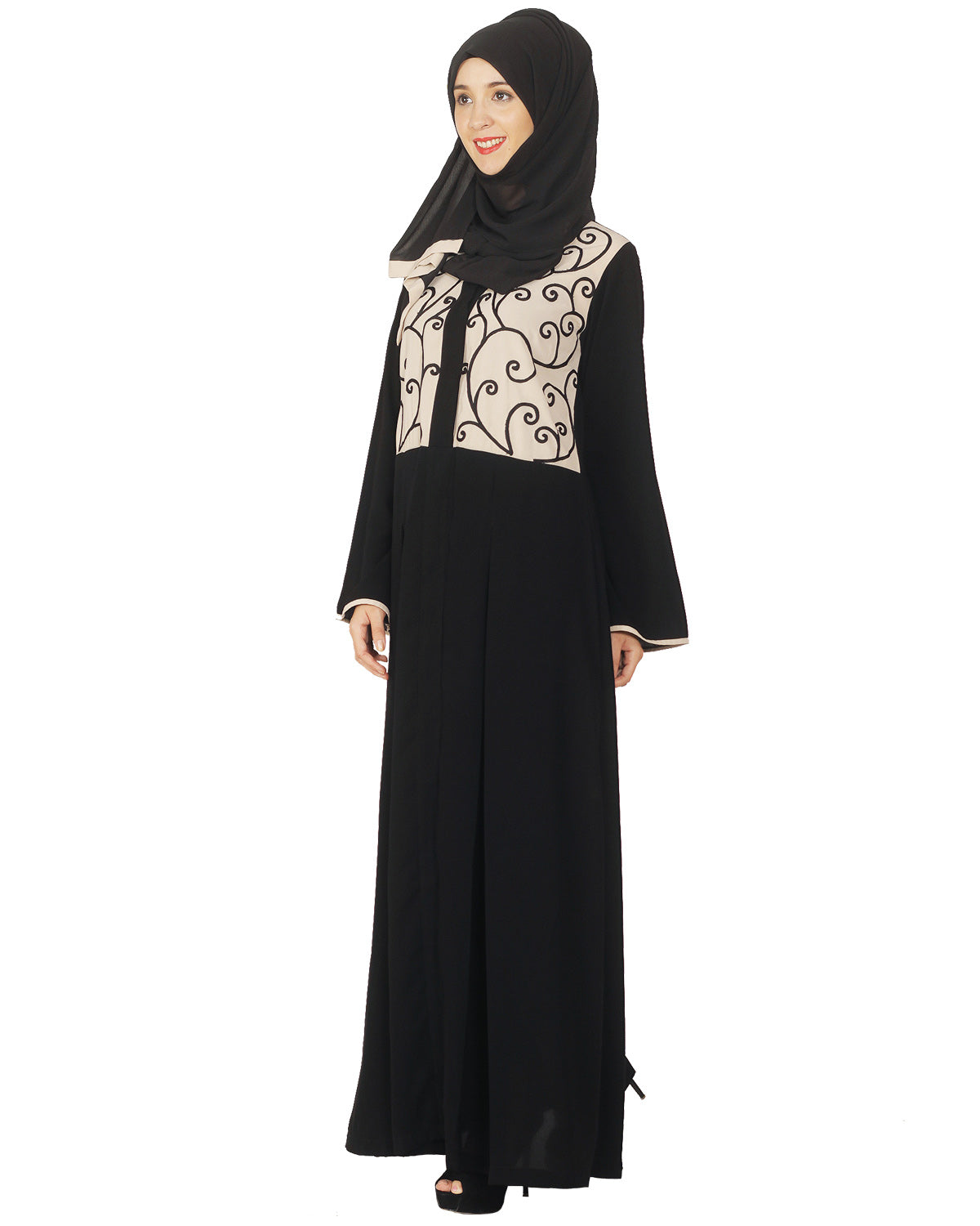Black and Beige Box Pleated Embroidered Abaya Black