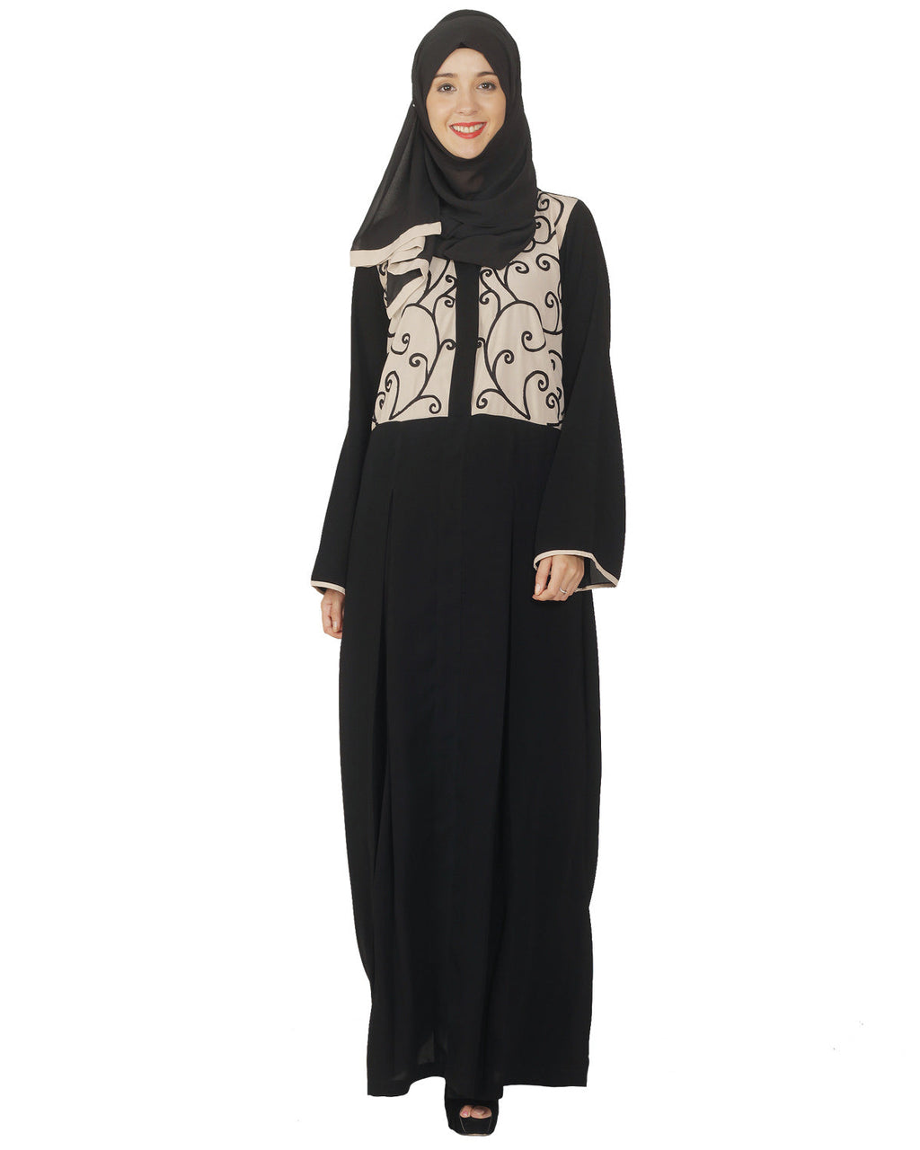 Black and Beige Box Pleated Embroidered Abaya Black