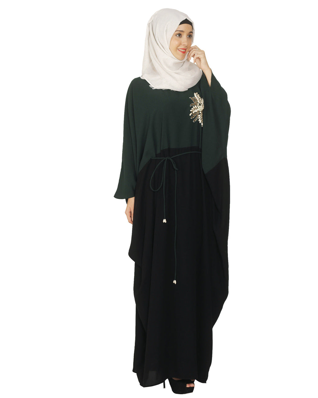 Pearl Embroidered Dark Green Kaftan Wine