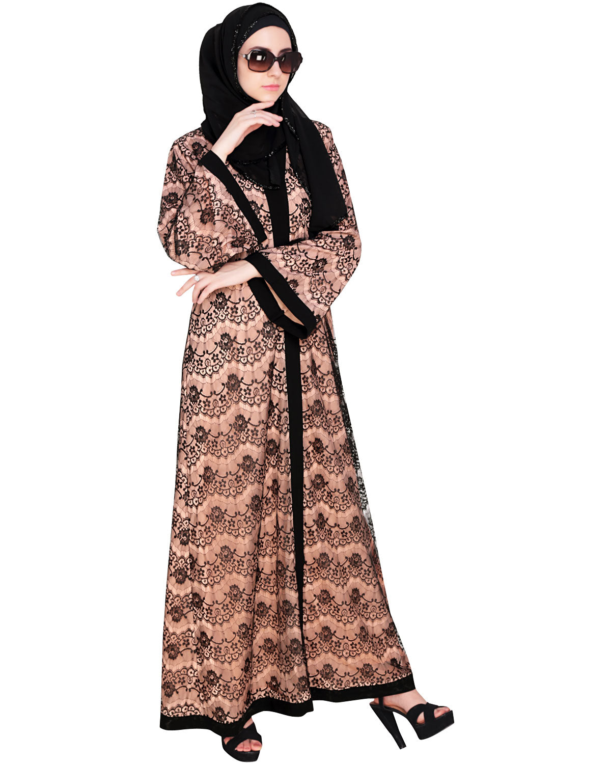 Double Layer Laced Abaya Black