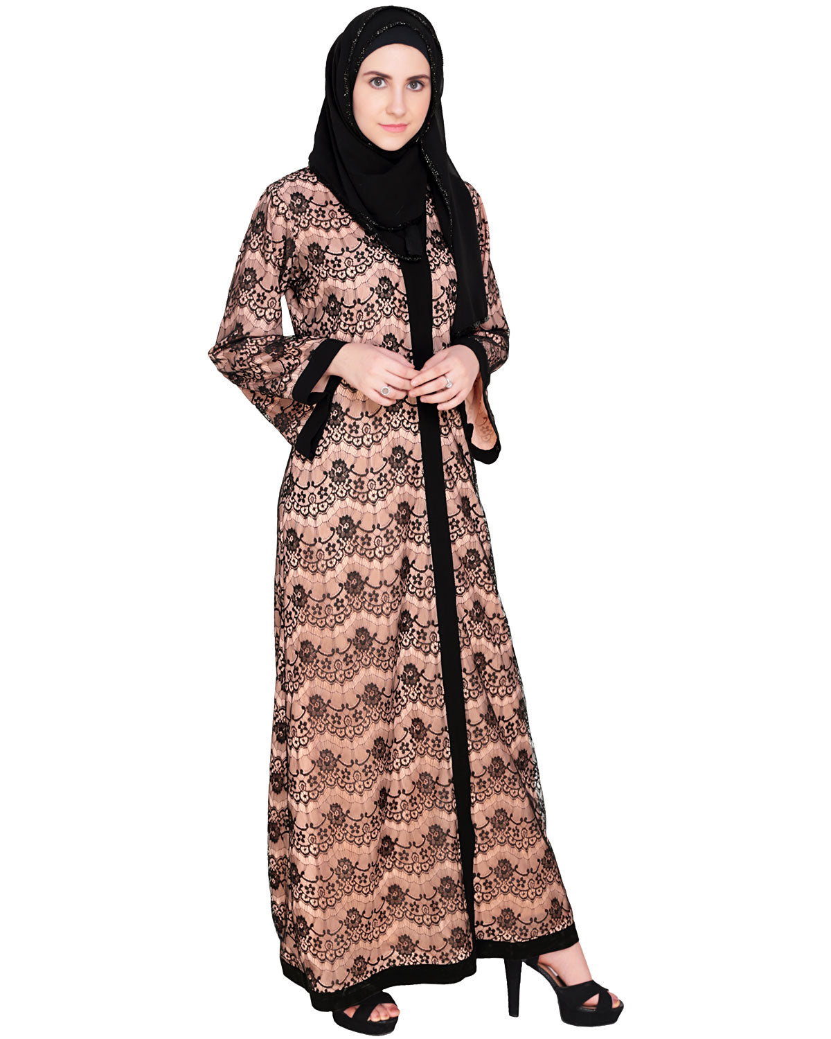 Double Layer Laced Abaya Black