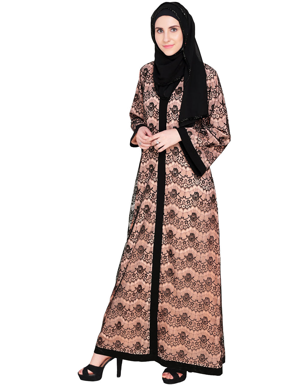 Double Layer Laced Abaya Black
