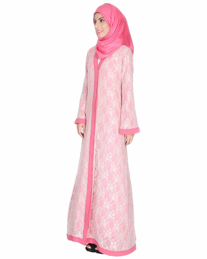 Double Layer Laced Abaya Pink