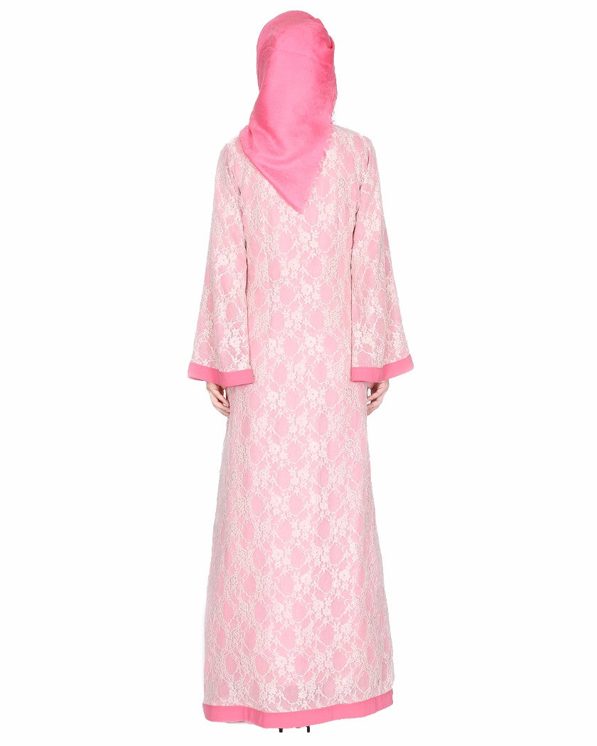 Double Layer Laced Abaya Pink