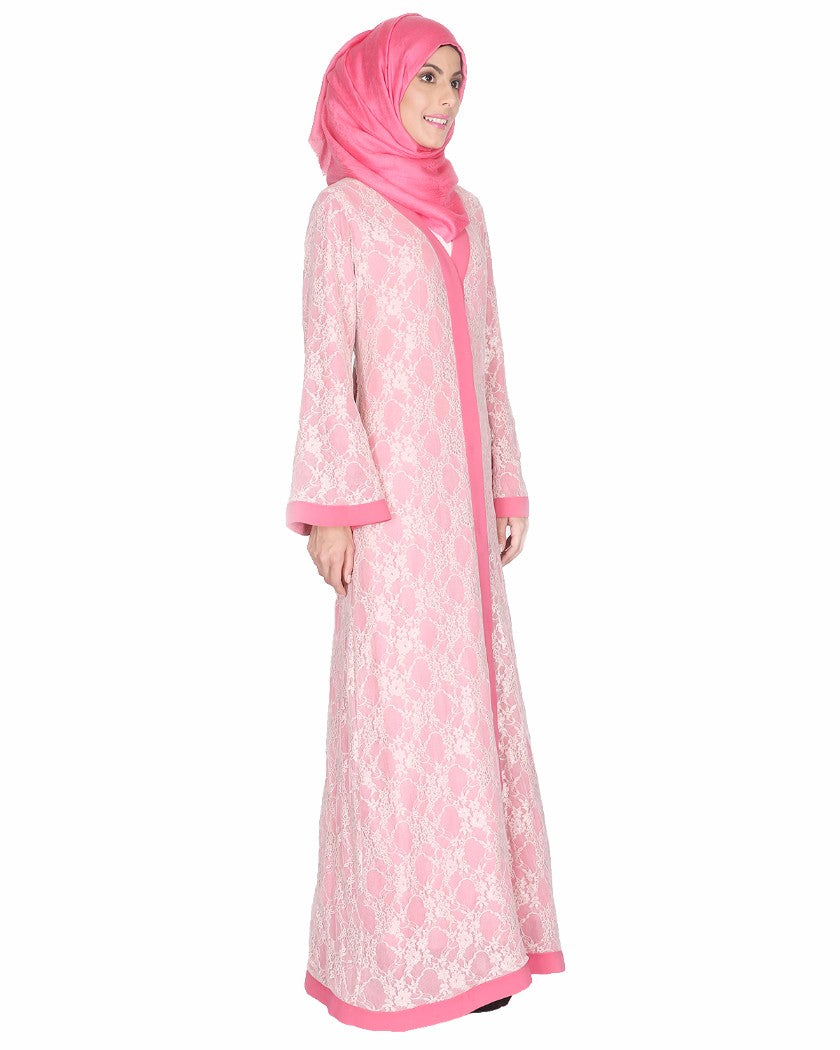 Double Layer Laced Abaya Pink