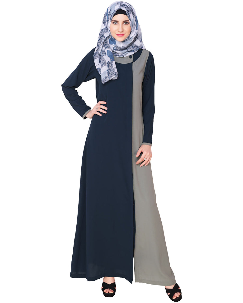 Black Abaya With Panel BLUE GREY