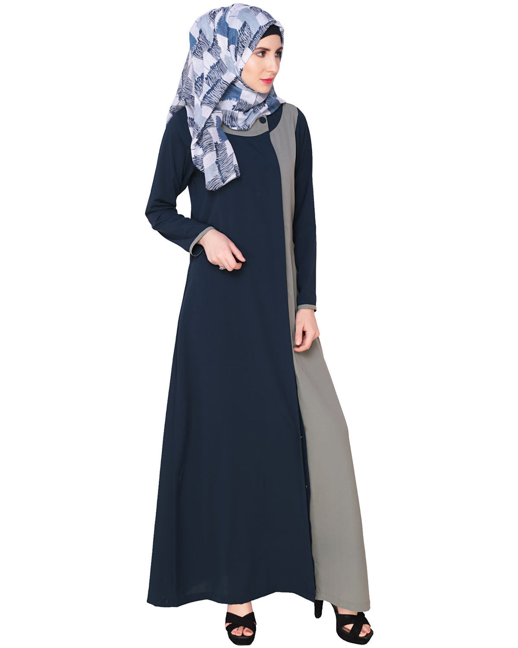 Black Abaya With Panel BLUE GREY