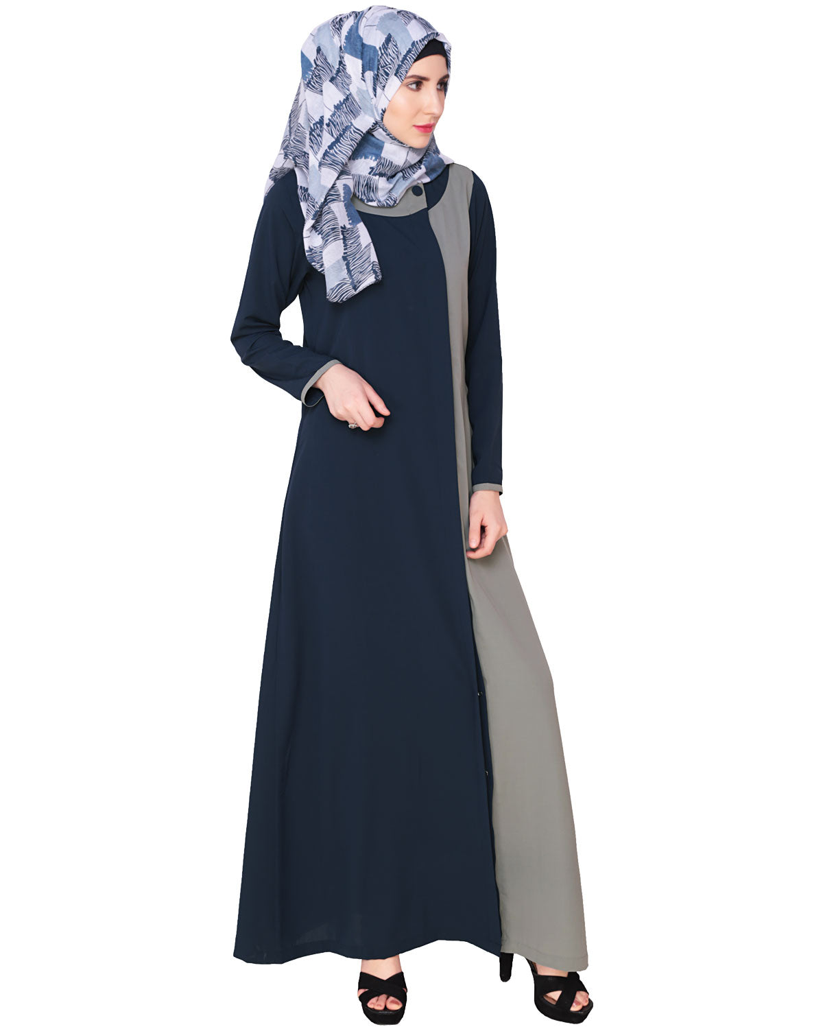 Black Abaya With Panel BLUE GREY