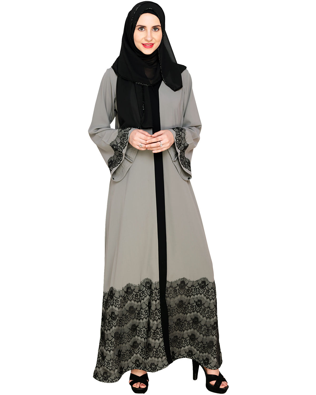 Laced Abaya Grey & Black
