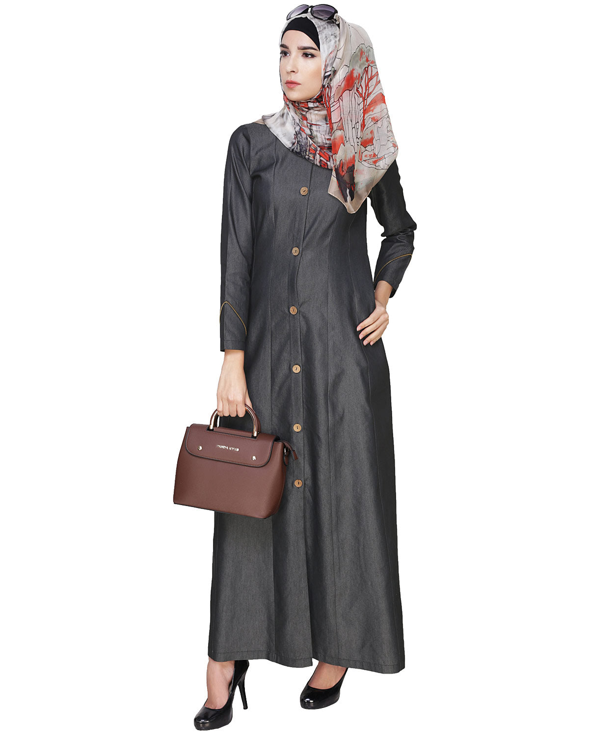 Denim Flared Abaya Dark Grey