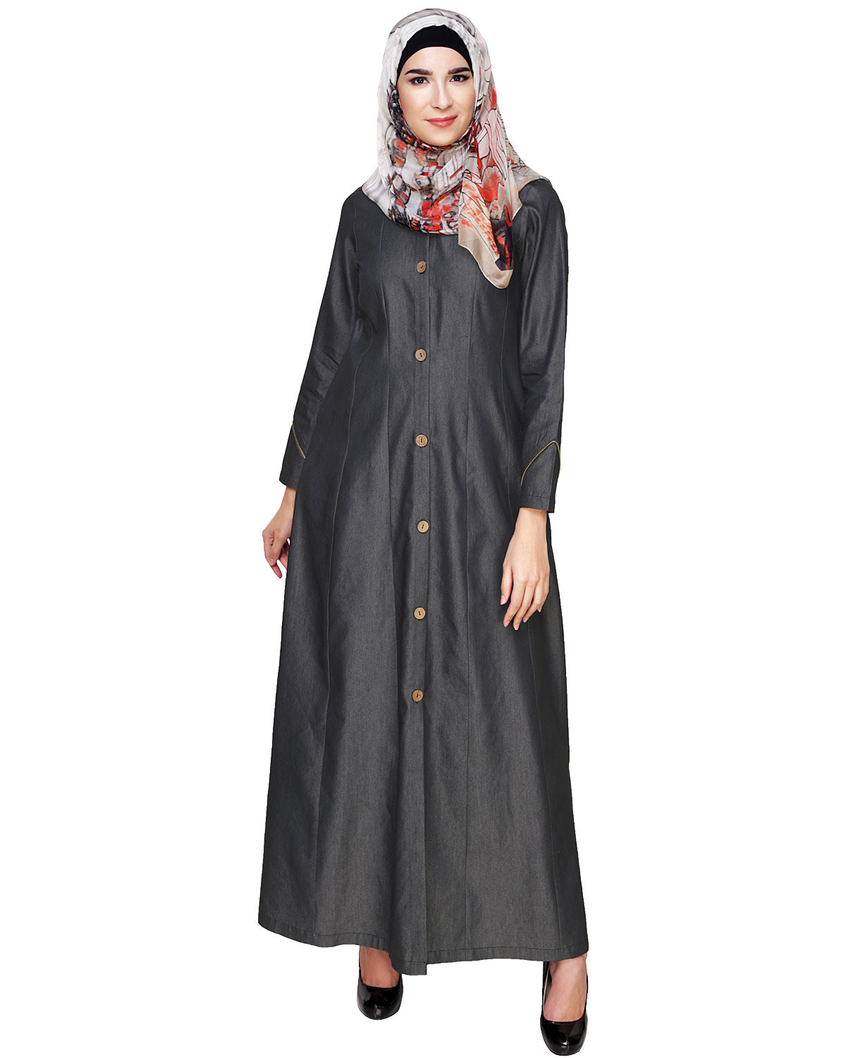 Denim Flared Abaya Dark Grey