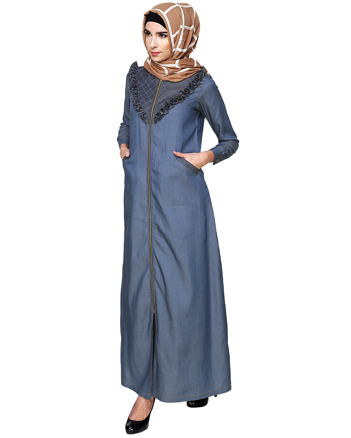 Denim Abaya with Ruffles Yoke