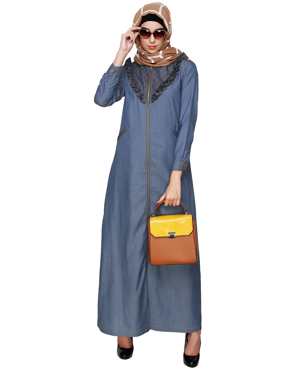 Denim Abaya with Ruffles Yoke Blue