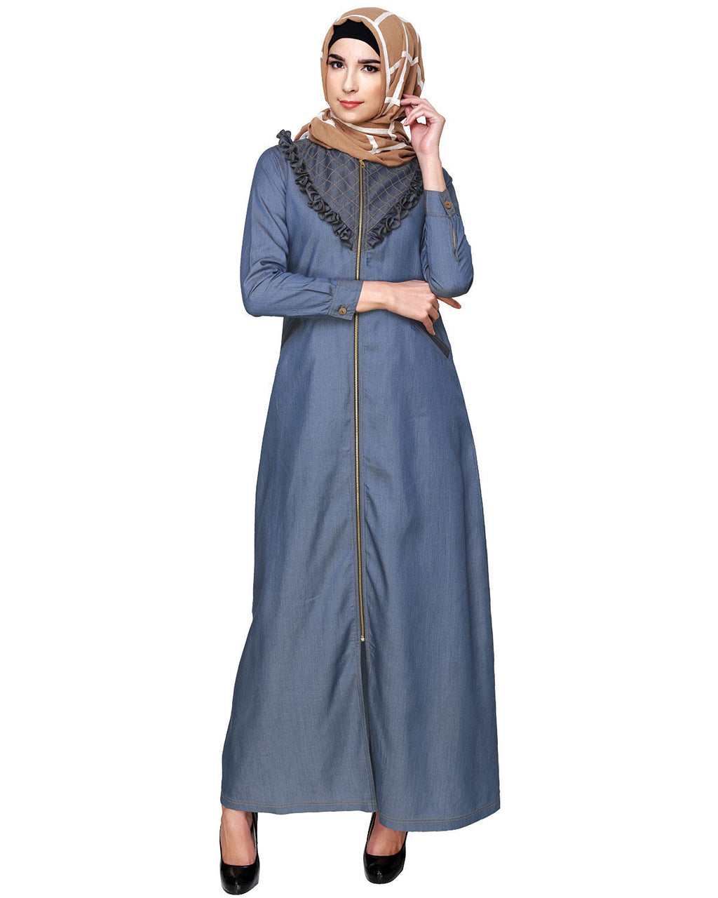 Denim Abaya with Ruffles Yoke Blue