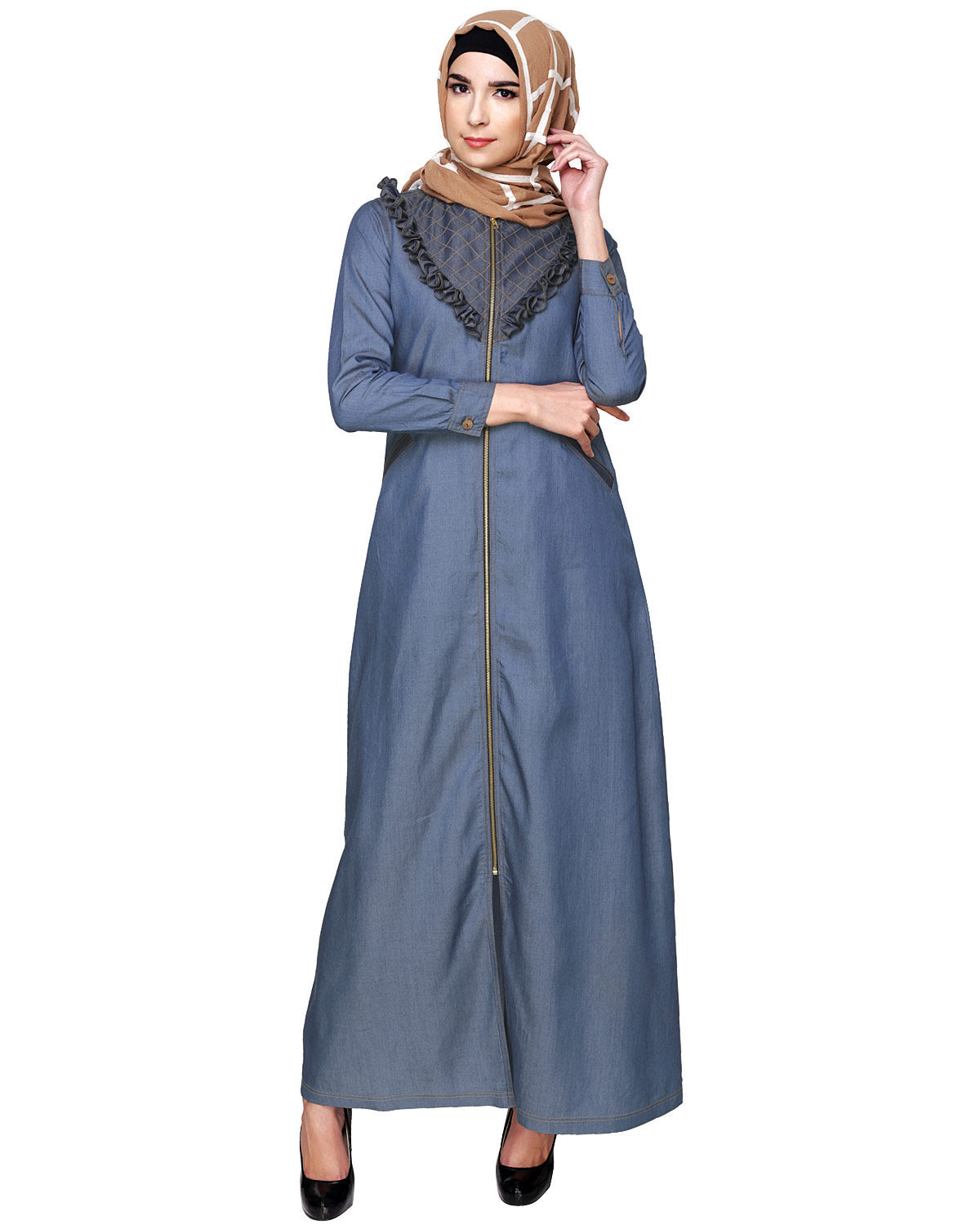 Denim Abaya with Ruffles Yoke Blue