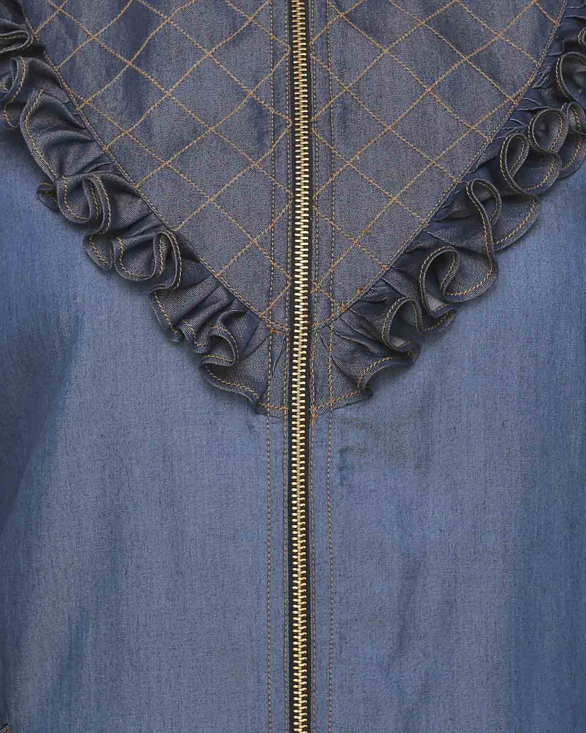 Denim Abaya with Ruffles Yoke Blue