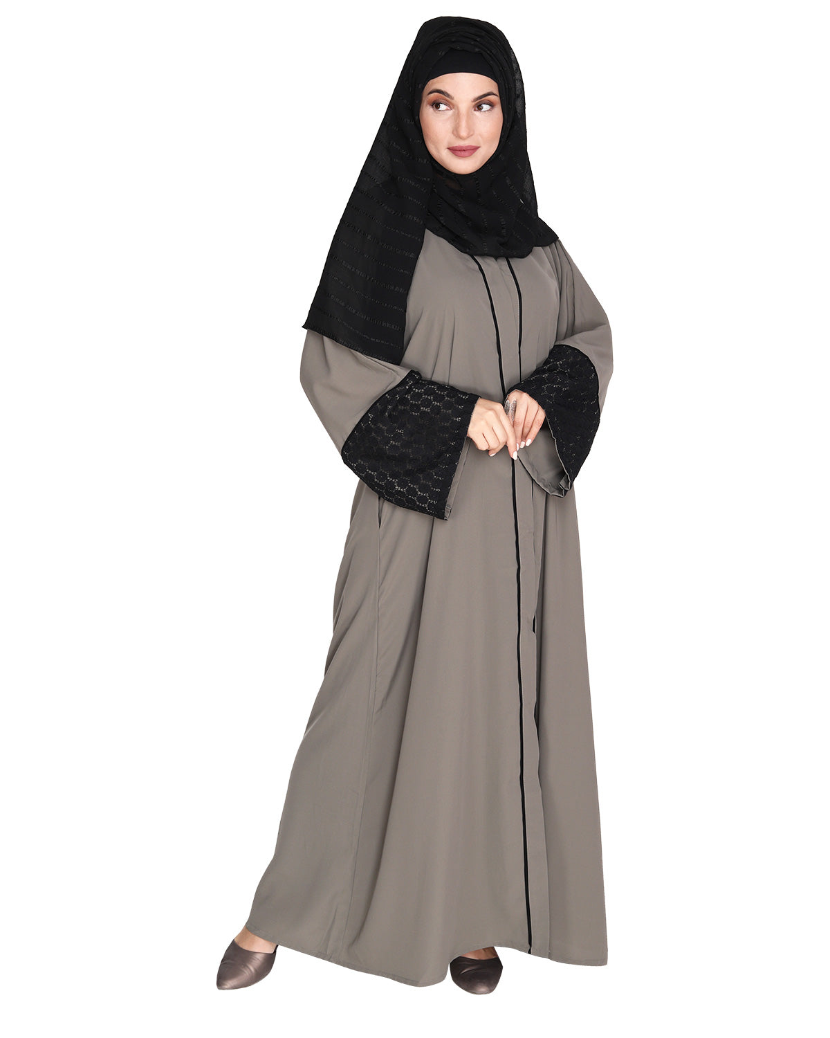 Elegant Crochet Lace Dubai Style Abaya Grey