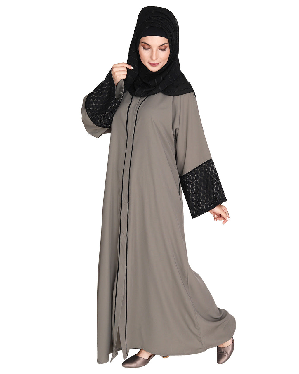 Elegant Crochet Lace Dubai Style Abaya Grey