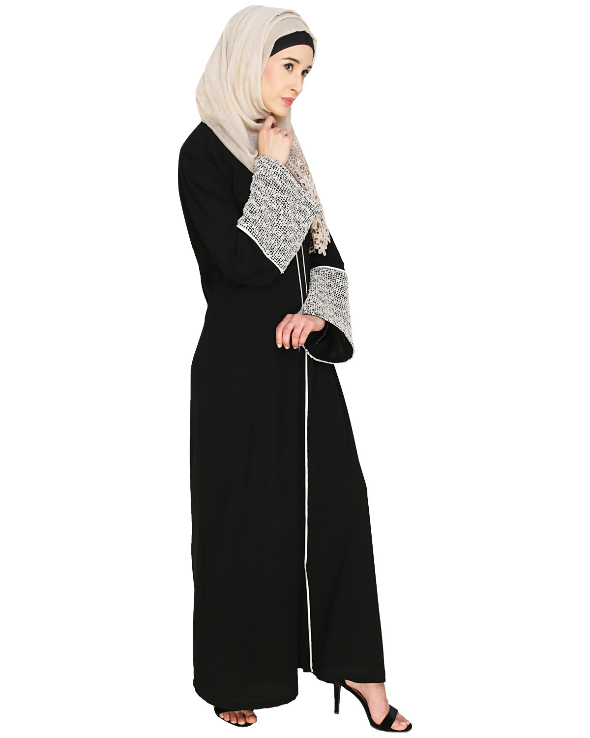 Elegant Crochet Lace Dubai Style Abaya Black